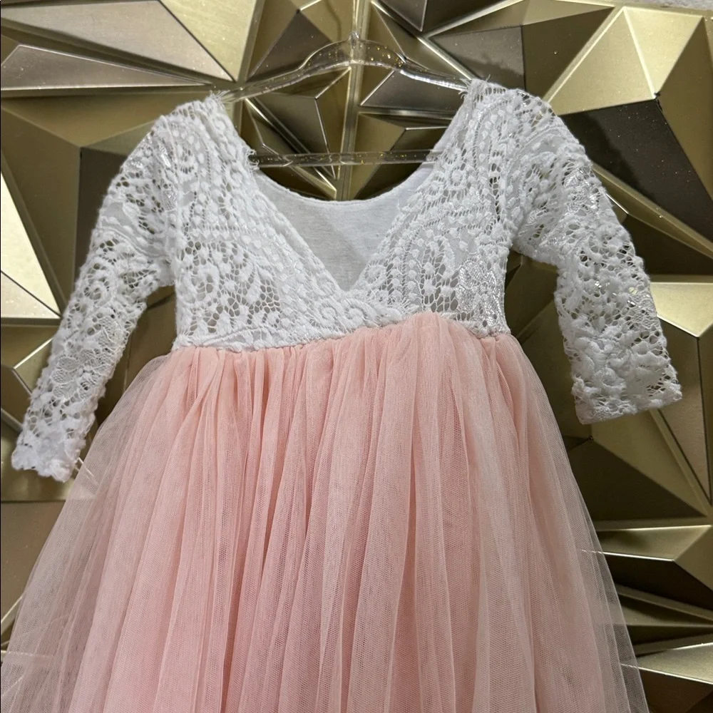 Girls White Lace‎ and Pink Tulle Long Sleeve Flower Girl Special Occasion Dress